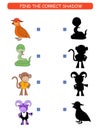 Find the correct shadow. Kids educational game. Cartoon animal: bird, snake, monkey, ram. Royalty Free Stock Photo